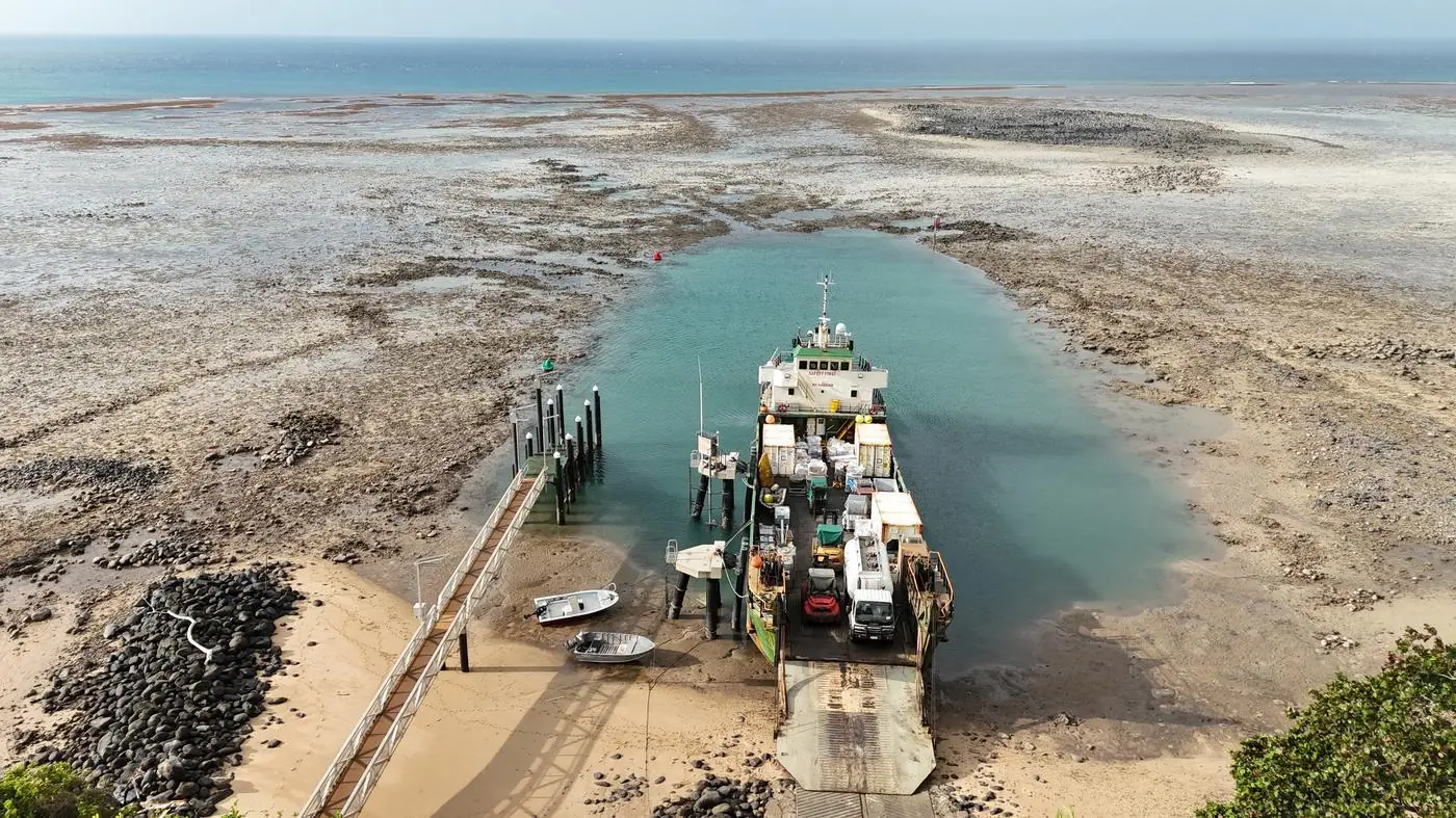 Aerial view of a barge at a remote landing