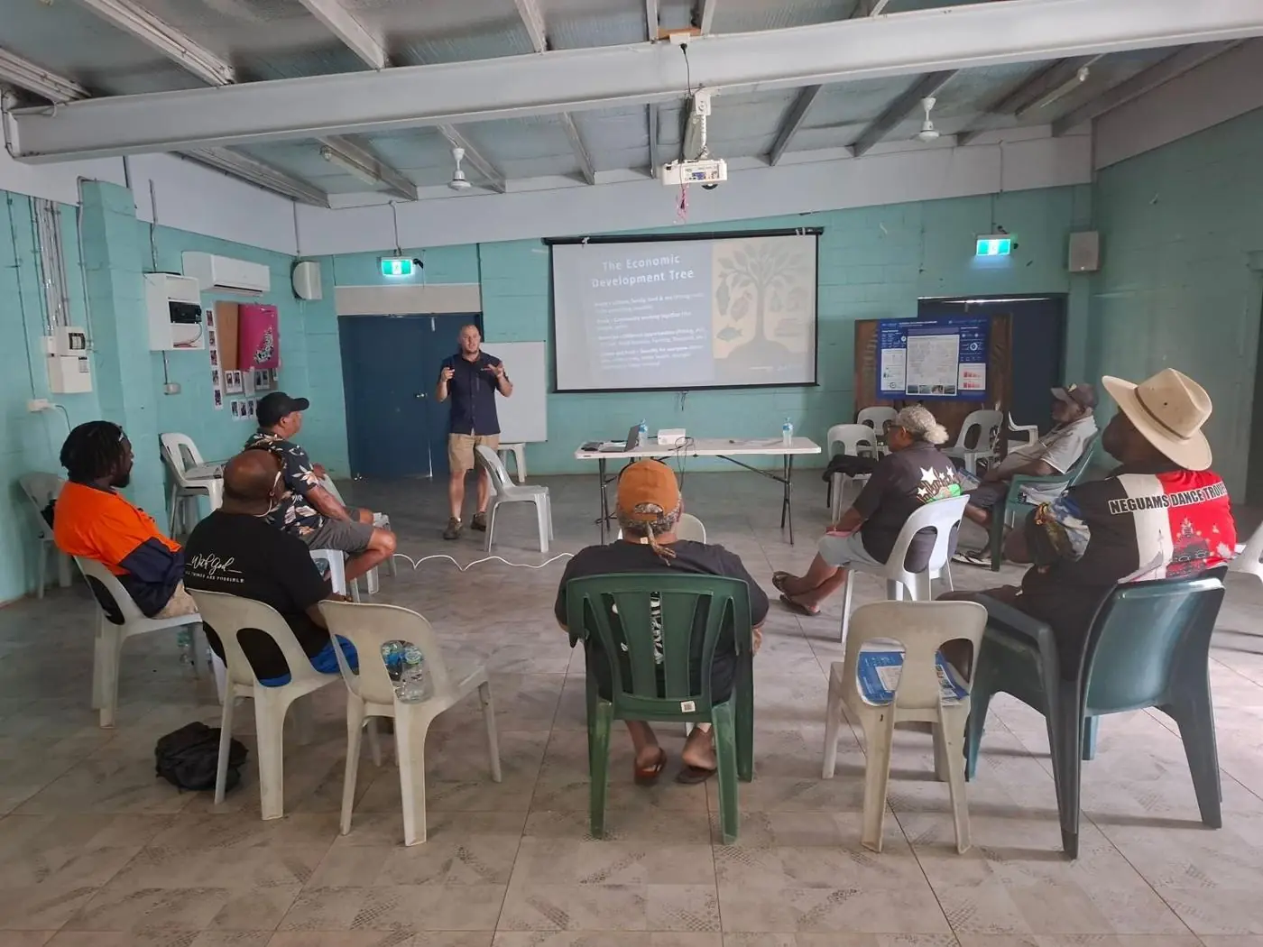 Community consultation in a hall on Mer